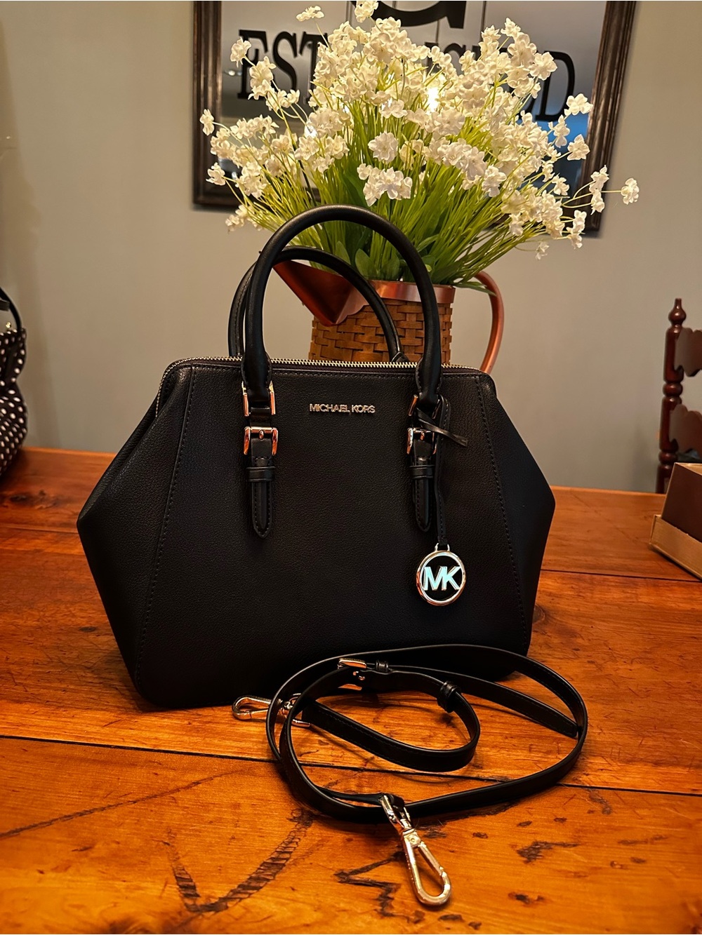 Michael Kors Black Leather Satchel with MK Logo Charm